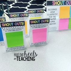 three colorful sticky notes with the words shut outs written on them in black and white