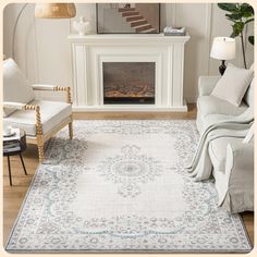 a living room with a fireplace, chair and rug in front of the fire place