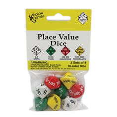 a pack of dices with different colors and numbers on the front, in a package