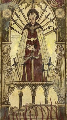 an image of a woman standing in front of a stained glass window with swords on it