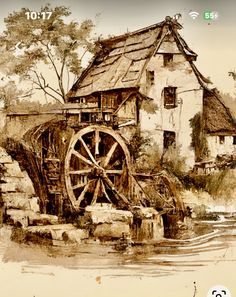 an old water mill is shown in this photo