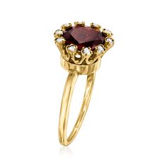 Ross-Simons - C. 1900 Vintage 1.50ct Garnet, .10ct t. w. Diamond Ring Round Cut Size 5.5. C. 1900. A fine product from the Victorian era of design, our Estate collection ring is truly unique. A central 1.50 carat round garnet beams amid an incomparable fancy frame of .10 ct. t. w. round rose-cut diamonds that twinkle from floral-like stations. Crafted in 14kt yellow gold, this superb style is bound to serve as a precious family heirloom. 7/16" wide. Diamond and garnet ring. Exclusive, one-of-a-kind Estate Jewelry. Garnet birthstones are the perfect gift for January birthdays. Antique Ruby Ring With Diamond Accents, Victorian Diamond Ring With Center Stone For Formal Occasions, Victorian Cluster Ring With Center Stone, Classic Ruby Ring With Rose Cut Diamonds, Victorian Style Formal Diamond Ring With Center Stone, Victorian Style Ruby Ring With Center Stone, Victorian Formal Cluster Ring With Center Stone, Victorian Round Diamond Ring With Prong Setting, Victorian Cluster Ring With Round Cut For Formal Occasions