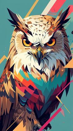 an owl sitting on top of a colorful piece of art