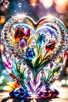 a heart - shaped glass sculpture with flowers and jewels on it's sides, in front of a brightly lit background