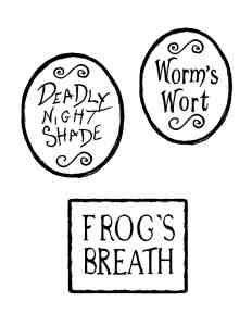 three stickers with words on them that say, deadly night shade and frog's breath