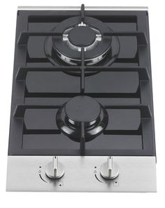 a black and silver stove top with two burners on it's side, in front of a white background