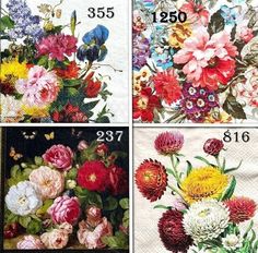 four different pictures of flowers in vases with numbers printed on the bottom and bottom