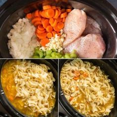 four pictures show how to make chicken noodle soup in the crock pot