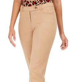 Anne Klein's trim| slim Bowie pants are styled with an extended tab closure and a sleek silhouette that's tapered from hip to hem.| Approx. inseam; 30 long| Mid rise; skinny fit through hips and thighs; skinny leg| Extended tab with button and zipper closure; belt loops| Off-seam pockets at hips; welt pockets at back Fitted Cropped Elastane Bottoms, Fitted Cropped Leg Elastane Bottoms, Beige Slim Fit Bottoms For Work, Fitted Elastane Dress Pants For Spring, Chic Slim Fit Elastane Dress Pants, Fitted Mid-rise Solid Dress Pants, Spring Cropped Leg Fitted Dress Pants, Fitted Beige Elastane Pants, Fitted Mid-rise Dress Pants