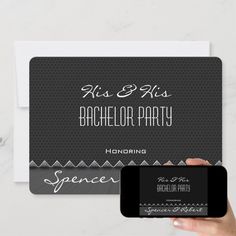 a person holding up a cell phone next to a card with the words bachelor party on it