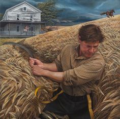 a painting of a man kneeling in a wheat field