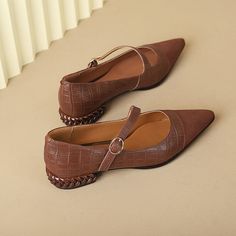 Brown Pointed Toe Flats With Low Heel For Office, Brown Low Heel Pointed Toe Flats For Office, Brown Pointed Toe Court Shoes With Heel Strap, Brown Flat Heel Court Shoes With Strap, Brown Flat Heel Court Shoes With Heel Strap, Mary Jane Shoes Heels, Mary Jane Heels, Jane Shoes, Mary Jane Shoes