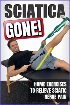 a man laying on top of a chair holding a green rope with the words sciatica gone above him