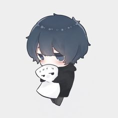 an anime character with black hair holding a white teddy bear in his arms and looking at the camera