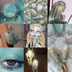 a collage of photos with mermaid makeup and accessories in blue, silver and white colors