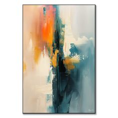 an abstract painting with blue, yellow and orange colors on it's canvas frame