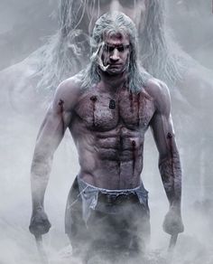 a man with long hair and no shirt standing in front of a large white demon