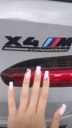 Bmw Acrylic Nails, Bmw Nails Design White, White Nail Inspo Design, Bmw Inspired Nails, Bmw M Nails, Summer White Nails With Designs, White Nails Ideas Simple, Cool Nail Inspo Square, Audi Nails Design