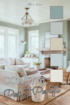 Coastal Paint Palette With Hex Codes and Sherwin-Williams Paint Colors Mid Century Modern Coastal Color Palette, Paint Color Inspiration Interiors, Coastal Cottage Paint Colors, Seaside Color Palette, Modern Coastal Paint Colors, Beach House Colors Interior Walls, Sunroom Paint Colors