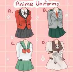 an anime uniform is shown in four different styles and colors, with the names on them