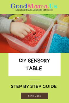 a child's hands in a plastic container filled with colored sand and sprinkles