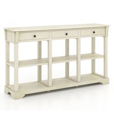 a white console table with two drawers on one side and an open shelf at the top