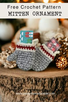 crochet mitten ornament with text overlay - free crochet pattern