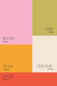 four different color palettes with the word's name on them