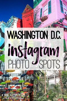 the words washington dc instagramn photo spots in front of colorful buildings and palm trees