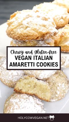 cookies are stacked on top of each other with the words, cheesy and gluten - free vegan italian amarettii cookies