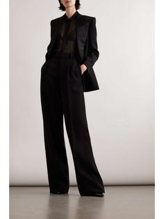 SAINT LAURENT Pleated grain de poudre wool straight-leg pants | NET-A-PORTER Style Androgyne, Estilo Kardashian, Pants Drawing, Black Tie Attire, Androgynous Outfits, Tuxedo Women, Satin Noir, Tuxedo Style, All White Outfit