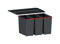 three black trash cans with red trim on the bottom and sides, one is empty