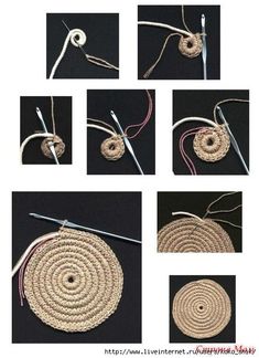 several pictures showing the steps to make a round rug with yarn and crochet