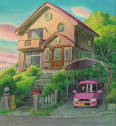 a painting of a pink car parked in front of a house on the side of a road