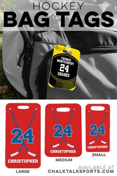 the hockey bag tags are available in three different colors and sizes, including one for each player