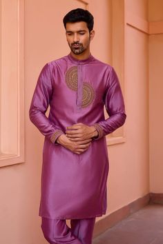 Wine kurta with marodi dori embroidery along the placket. Paired with a pant. - Aza Fashions Festive Purple Kurta With Zari Work, Purple Straight Kurta For Eid, Purple Kurta For Festive Occasions, Festive Purple Kurta With Dabka Work, Traditional Purple Kurta For Navratri, Purple Art Silk Kurta With Zari Work, Purple Dabka Kurta For Festivals, Festive Purple Dabka Kurta, Traditional Purple Kurta With Pallu