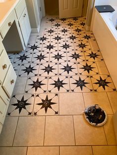 a kitchen floor with black stars on it