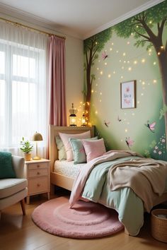 a bedroom decorated in pastel colors with fairy lights on the trees and butterflies painted on the wall