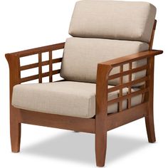 a wooden chair with beige upholstered cushions