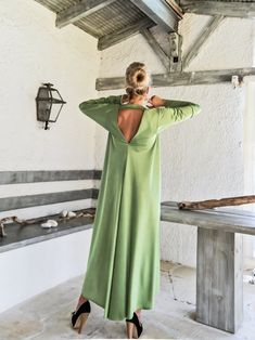 NEW Evening Maxi Dress / Pear Green Plus Size Dress / Evening Dress / Maxi Dress / Party Dress / Plus Size Dress / Open Back Dress / Summer Dress / Long Sleeve Dress / #35266 NEW 2018.... A must have maxi dress...! With long sleeves and open back cut out ! Ideal for all body-types, you can have a very elegant appearance ! - Handmade item - Materials : crystal jersey - The model wears : size - one size , color - Pear Green PLEASE NOTE : The dress is ONE SIZE but you have to choose a size from XS Green Maxi Length Long Sleeve Party Dress, Green Long Sleeve Midi Evening Dress, Green Long Sleeve Maxi Dress For Party, Green A-line Maxi Dress For Evening, Green A-line Maxi Evening Dress, Green Plus Size Dress, Green Plus Size Dresses, Party Dress Plus Size, Evening Maxi Dress