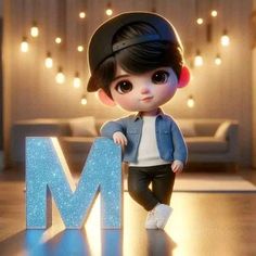 a little boy standing next to the letter m in front of a room filled with lights