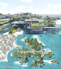 an artist's rendering of a city with lots of green buildings and water features