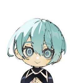 an anime character with blue hair and big eyes, wearing a black shirt that has white stripes on it