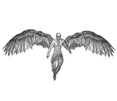 an artistic drawing of a man with wings on his chest and head, standing in front of