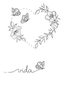 the word aria written in black ink with flowers and butterflies around it on a white background