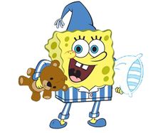 spongebob holding a teddy bear and wearing a blue striped shirt with white stripes