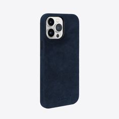 an iphone case is shown with the back cover in navy blue suede and features two cameras on each side