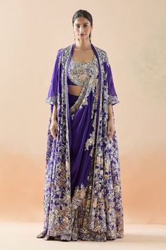 Purple sharara with resham, sequin, zari thread, bead embroidery in floral pattern on border. Paired with floral yoke embroidered blouse, border embroidered drape and longline jacket. - Aza Fashions Resham Embroidery Saree With Side Open, Festive Set With Sheer Dupatta And Front Open Design, Festival Front Open Sharara With Dupatta, Front Open Choli With Zari Work For Navratri, Reception Choli With Zari Work And Front Open, Navratri Front Open Choli With Zari Work, Front Open Choli With Zari Work For Reception, Semi-stitched Front Open Choli With Dupatta, Reception Sets With Sheer Dupatta And Front Open Design