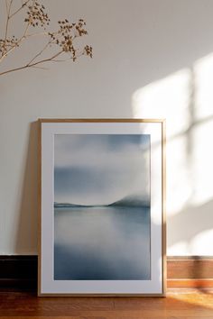 a painting is sitting on the floor next to a plant