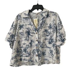 Size Medium Linen Blend Hawaiian Crop Style Button Down Short Sleeve Shirt. Blue And White Palm Tree Design Great For Spring/Summer Vacation, Cruise, Beach, Nautical, Casual Comfy Layback Style Weekend Wear. Also Great With A Pair Of Jeans Or Shorts. A Bit Oversized Style. New With Tags. Summer Collared Blouse With Buttons, Summer Blouse With Collared Shape And Buttons, Summer Vacation Tops With Buttons, Blue Camp Shirt With Buttons For Vacation, Summer Tops With Buttons For Vacation, Summer Tops With Button Closure For Vacation, Casual Buttoned Tops For Beach, Summer Top With Button Closure For Vacation, Summer Blouse With Buttons Relaxed Fit